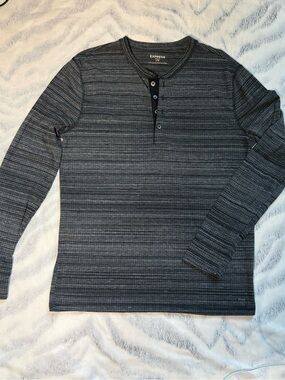 Express Men's Long Sleeve Striped Heather Charcoal Henley